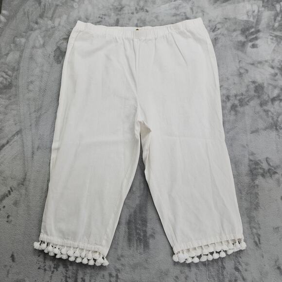Cynthia Rowley Pants Womens 3X White Linen High Waist Crop Capri Pom Pom Hem - Picture 1 of 12